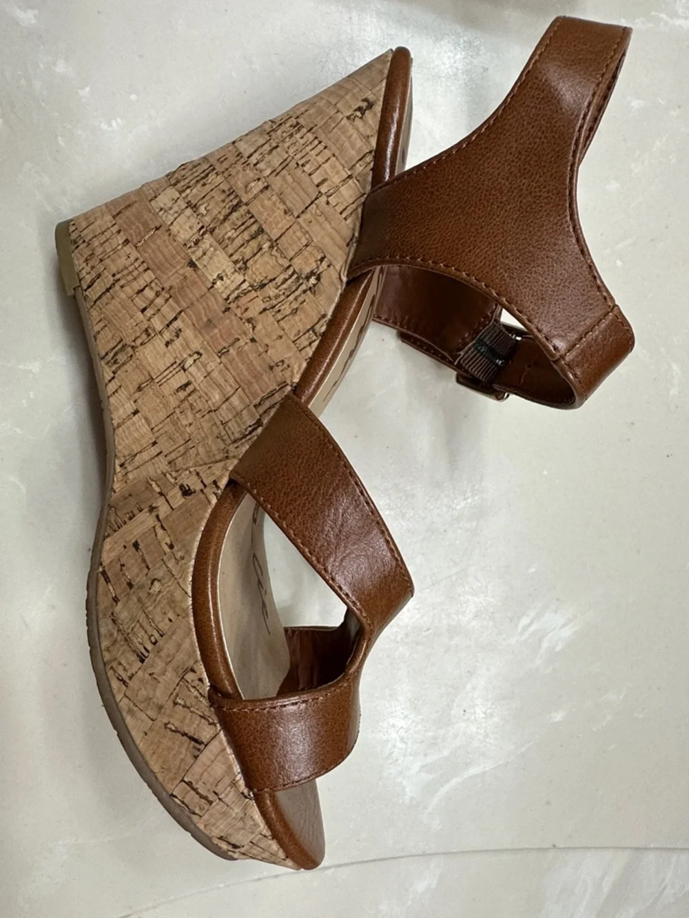 Brown Leather Cork Wedge Sandals - Picture 7 of 8